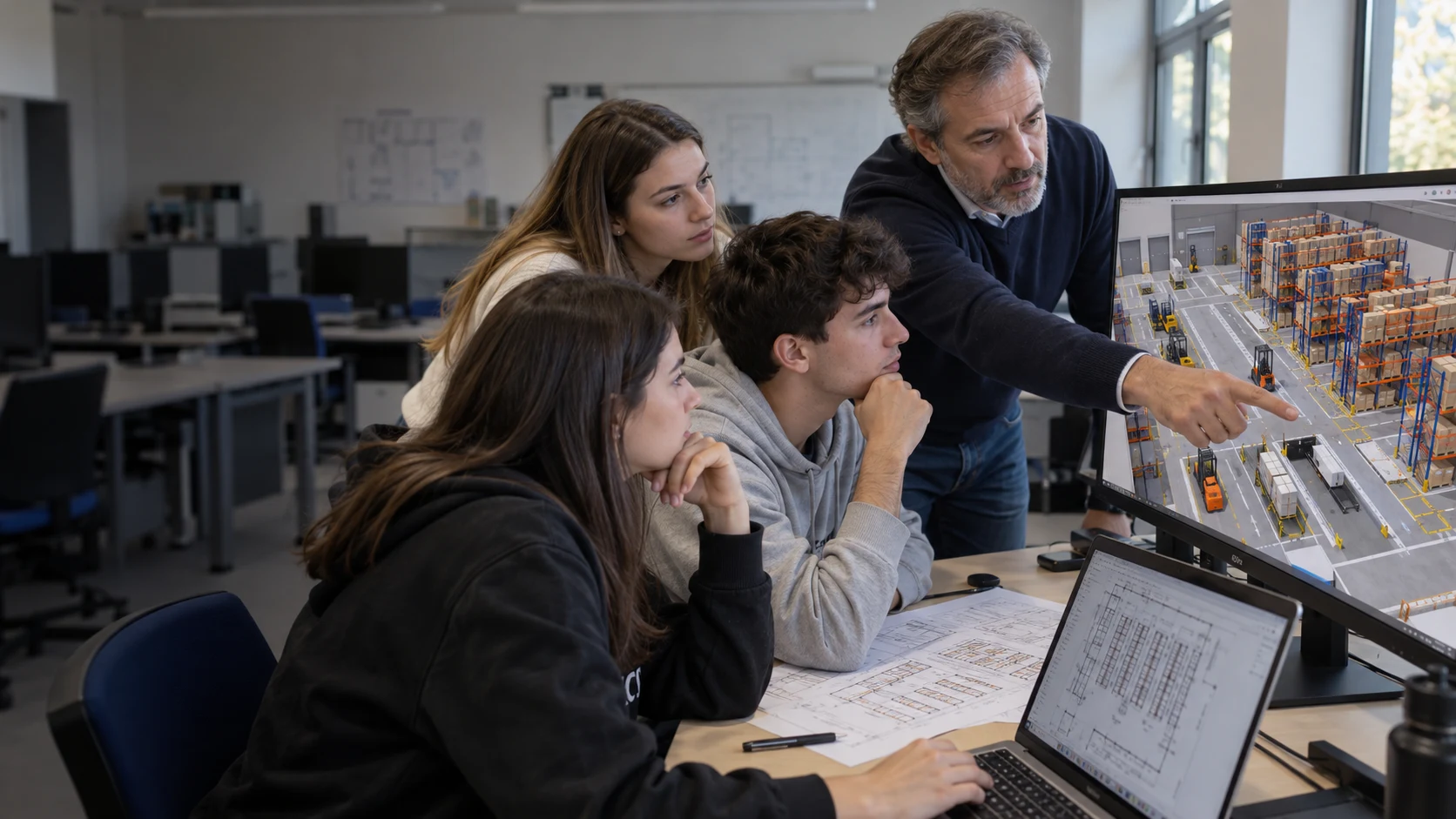 Studenti e docente progettano un magazzino virtuale in aula: immagine illustrativa